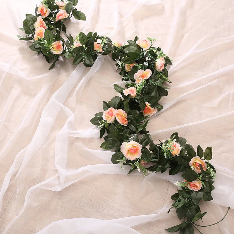 Silk Artificial Rose Vine Hanging Flowers for Wall Christmas Rattan Fake Plants Leaves Garland Romantic Wedding Home Decoration