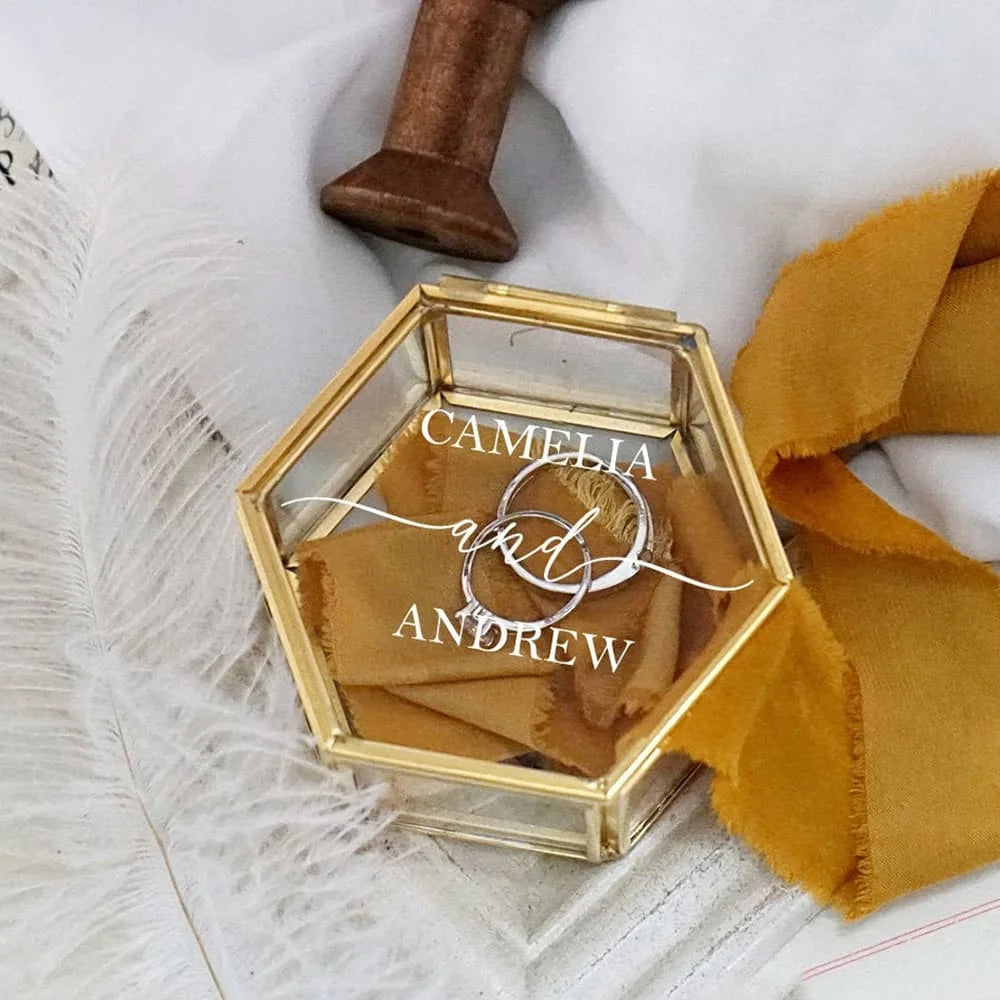 Custom Hexagonal Glass Ring Box Geometrical Clear Jewelry Storage Box Eternal Flower ring holder DIY Delicate Wedding Decoration
