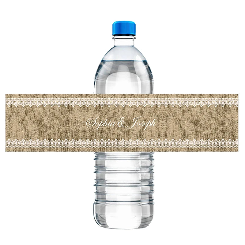 30pcs Custom Floral Wedding Water Bottle Stickers Labels Personalized Burlap and Fancy White Lace Frame Birthday Anniversary