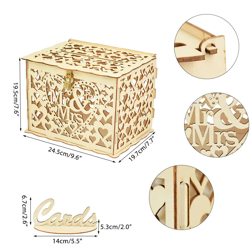 Wedding Wooden Gifts Card Boxes with Lock Hollow Mr & Mrs Flower Pattern Envelope Sign Card Wood Box DIY Rustic Wedding Supplies