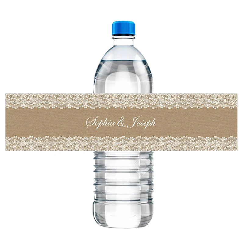 30pcs Custom Floral Wedding Water Bottle Stickers Labels Personalized Burlap and Fancy White Lace Frame Birthday Anniversary