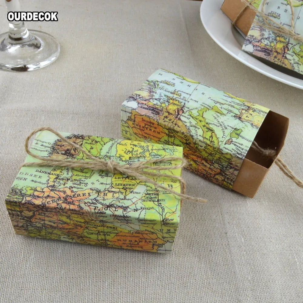 25 Pcs/lot World Map Cuboid Wedding Paper Favor Candy Boxes Gift Boxes with String Wedding Birthday Party supply For Christmas