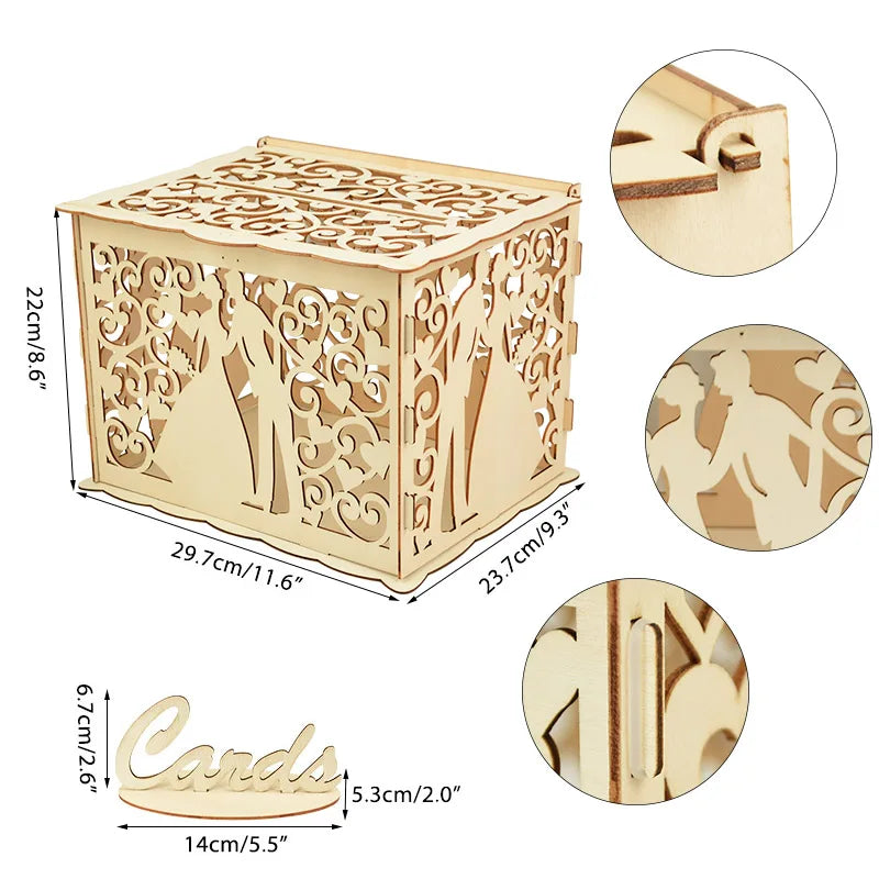 Wedding Wooden Gifts Card Boxes with Lock Hollow Mr & Mrs Flower Pattern Envelope Sign Card Wood Box DIY Rustic Wedding Supplies
