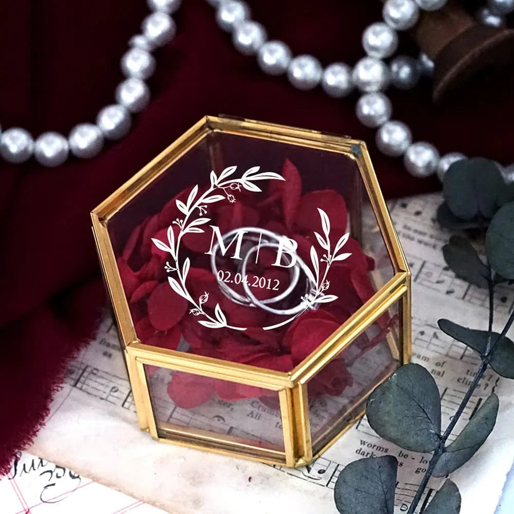 Custom Hexagonal Glass Ring Box Geometrical Clear Jewelry Storage Box Eternal Flower ring holder DIY Delicate Wedding Decoration