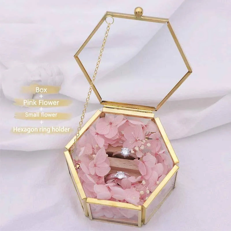 Custom Hexagonal Glass Ring Box Geometrical Clear Jewelry Storage Box Eternal Flower ring holder DIY Delicate Wedding Decoration