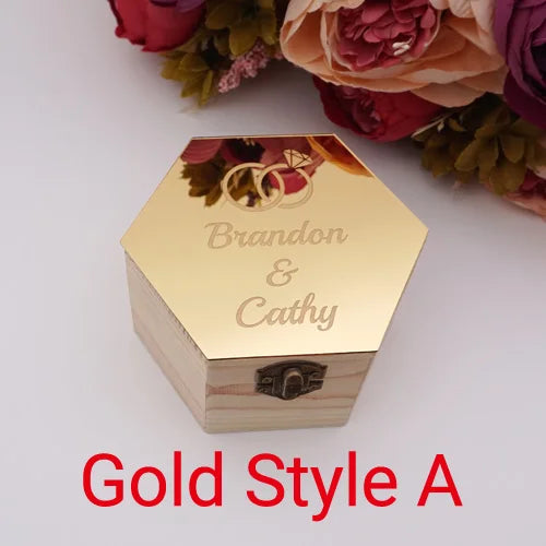 Double Rings Style Hexagon Shape Box Acrylic Mirror Cover Custom Name Party Gift Wood Boxes Candy Holder Display Decor
