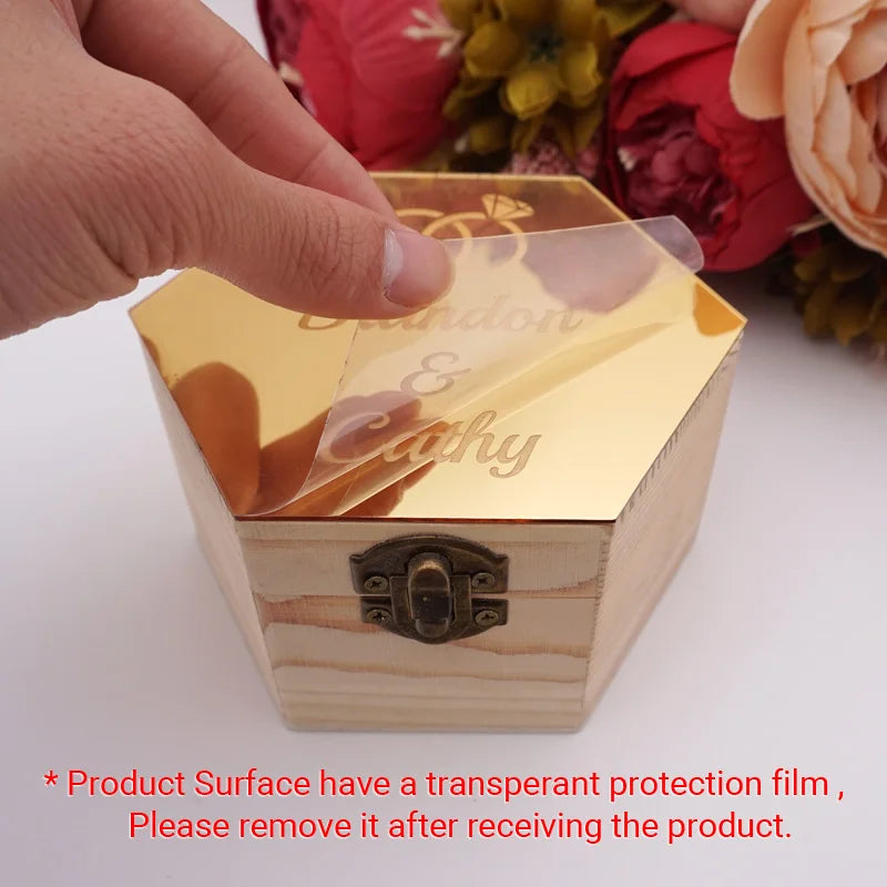 Double Rings Style Hexagon Shape Box Acrylic Mirror Cover Custom Name Party Gift Wood Boxes Candy Holder Display Decor