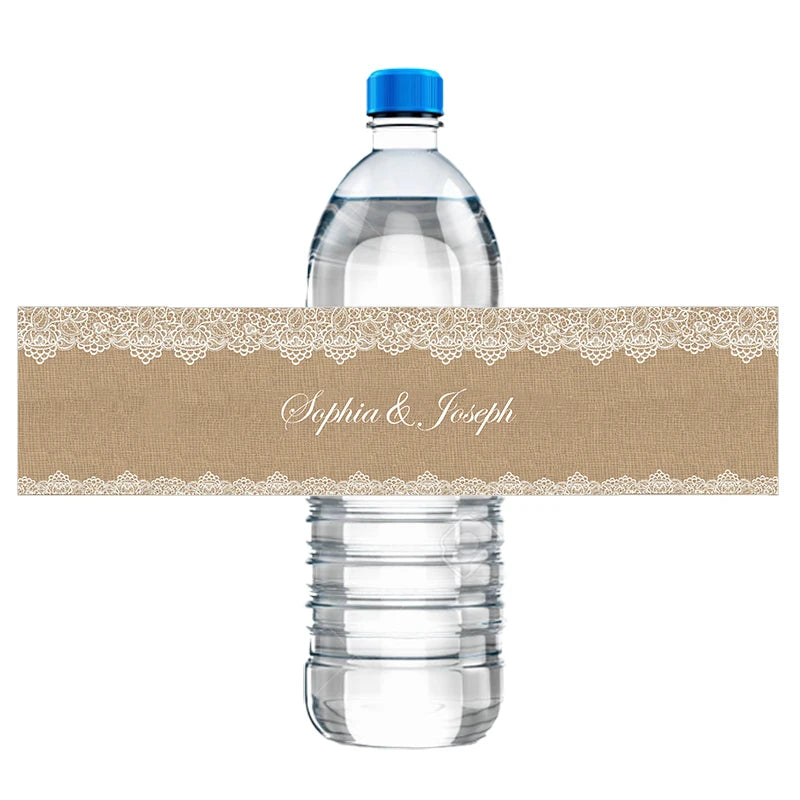 30pcs Custom Floral Wedding Water Bottle Stickers Labels Personalized Burlap and Fancy White Lace Frame Birthday Anniversary