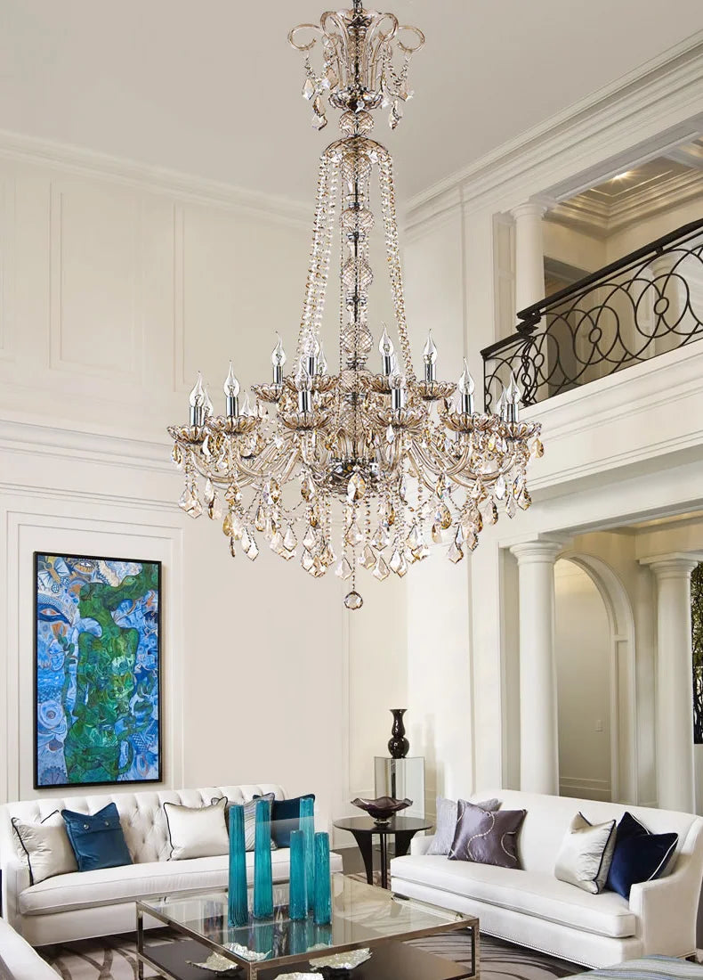 Luxury Extra Long Large Stair Gold/SilverK9 Crystal Chandelier Lustres De Cristal Candle Export Lobby Light 15 Arms Height 150cm