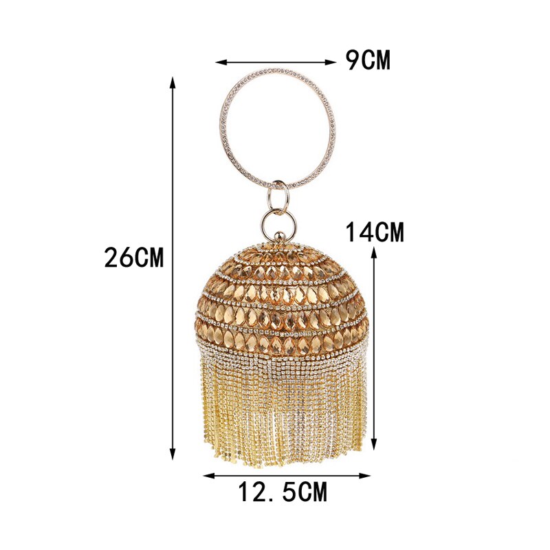 Ball Diamond Tassel Women Party Metal Crystal Clutches Evening  Wedding Bag Bridal Shoulder Handbag Wristlets Clutch