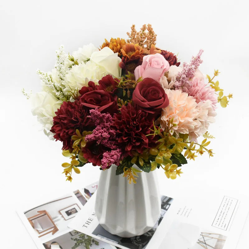Artificial Flowers Bouquet European-Style Holding Exquisite Roses Wedding Christmas Decorations for Home DIY Vases Fake Plants
