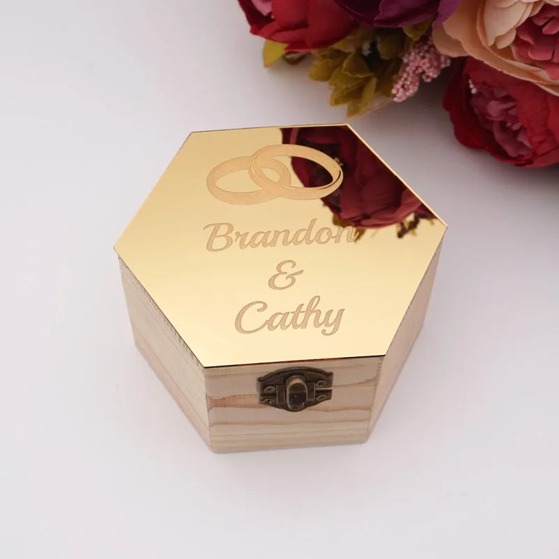 Double Rings Style Hexagon Shape Box Acrylic Mirror Cover Custom Name Party Gift Wood Boxes Candy Holder Display Decor