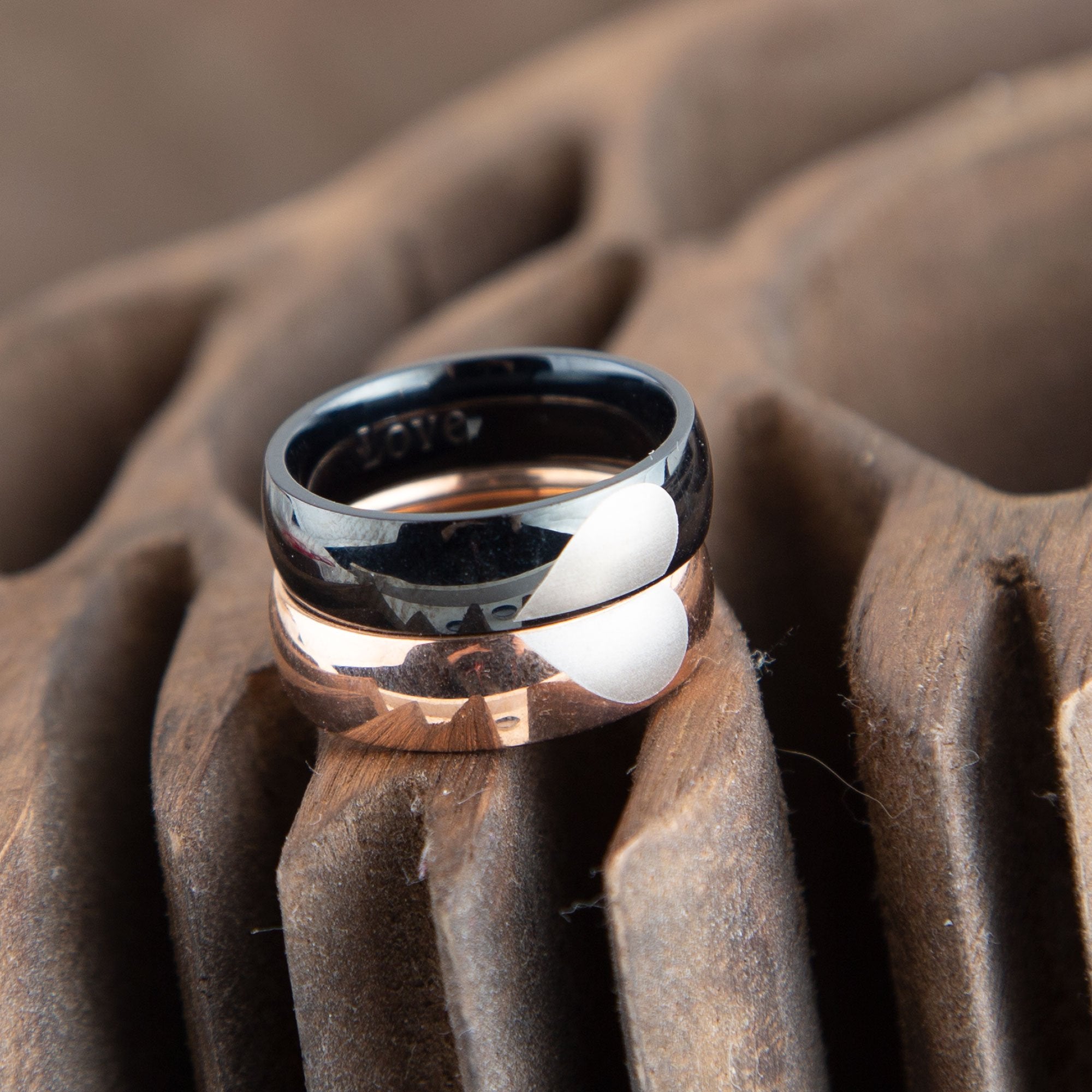 Heart Couple Rings Set, Wedding Ring Set, Rose Gold and Black