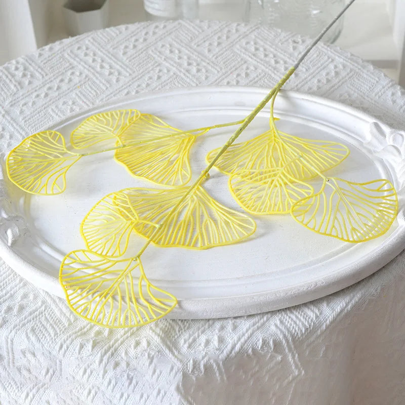 1/2/5pcs Three-pronged Fan Leaf Netting Artificial Gold Ginkgo Eucalyptus Holly For Wedding Arch Flower Arrangement Home Decor