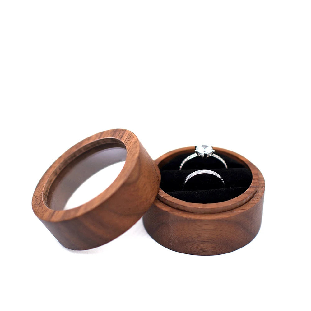 Personalized Wooden Wedding Ring Box with Clear Acrylic Cover, Custom Round Engagement Proposal Holder, Double Ring Bearer Box