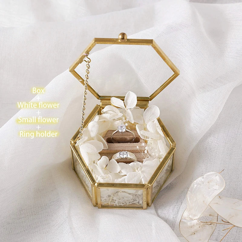 Custom Hexagonal Glass Ring Box Geometrical Clear Jewelry Storage Box Eternal Flower ring holder DIY Delicate Wedding Decoration
