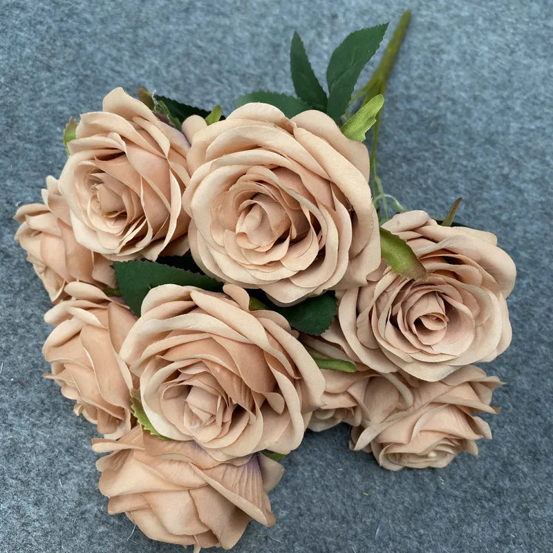 9 Heads 1 Bunch Camellia Rose Artificial Flower Holding Bouquets Party Wedding Scene Display Room Home Decor Fake Floral Gifts