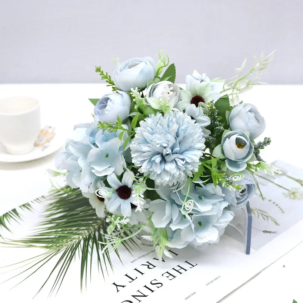 7 Heads Hydrangea Flowers Artificial Bouquet Silk Blooming Fake Peony Bridal Hand Flower Roses Wedding Centerpieces Decor