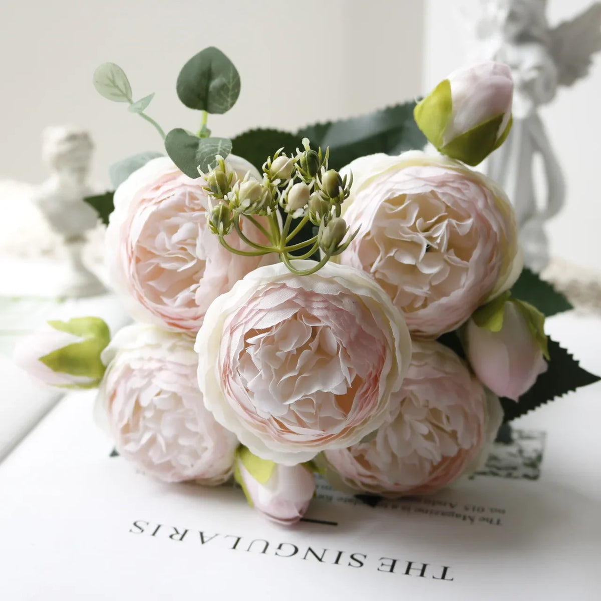 30cm Rose White Peony Artificial Flowers Bouquet 5 Big Head and 4 Bud Cheap Fake Flowers for Home Wedding Decoration Indoor