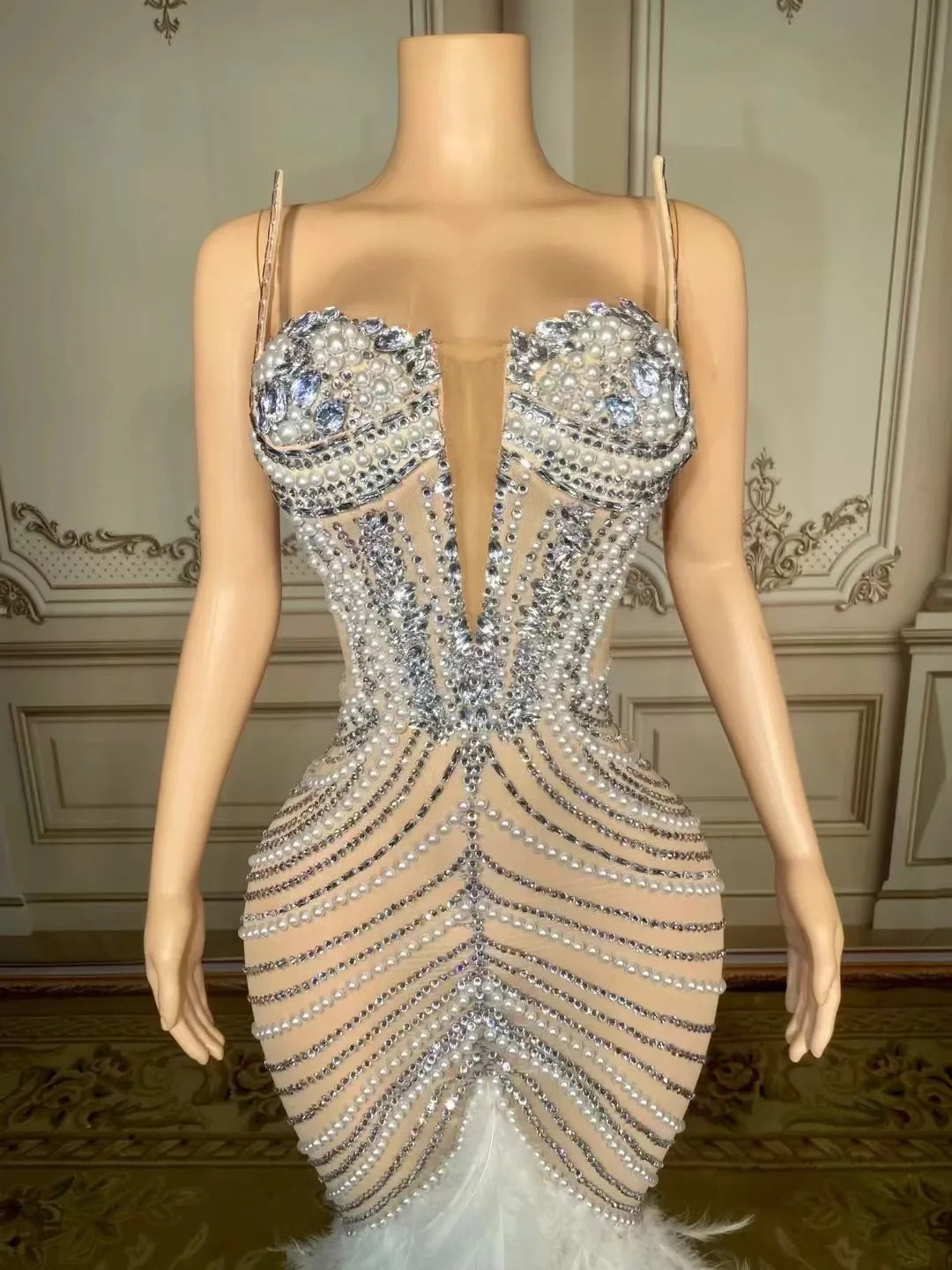 New Sparkly Rhinestones Pearls Floor-length Feathers Dress Women Birthday Celebrate Wedding Evening Prom Dress Photo Shoot Wear
