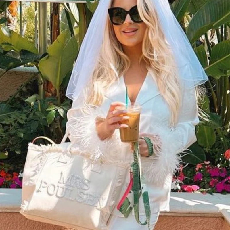 Custom Personalised Mrs tote Bag Bridal Shower destination Wedding Bachelorette hen do Party Honeymoon Travel Bride to be Gift