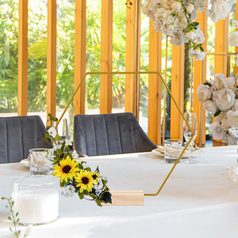 20-35cm Wedding Flower Garland Metal Gold Wreath Ring Wooden Base Wedding Birthday Party Table Decor DIY Wreath Catcher Crafts