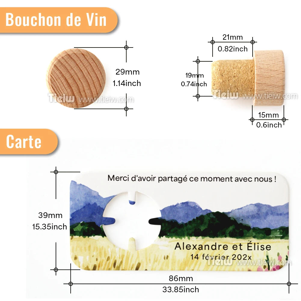 Personalized Cork bottle cap with thank you card for Marriage guests, embaved Wood thank you gifts, personalized Souvenirs for eco-friendly and rustic reception