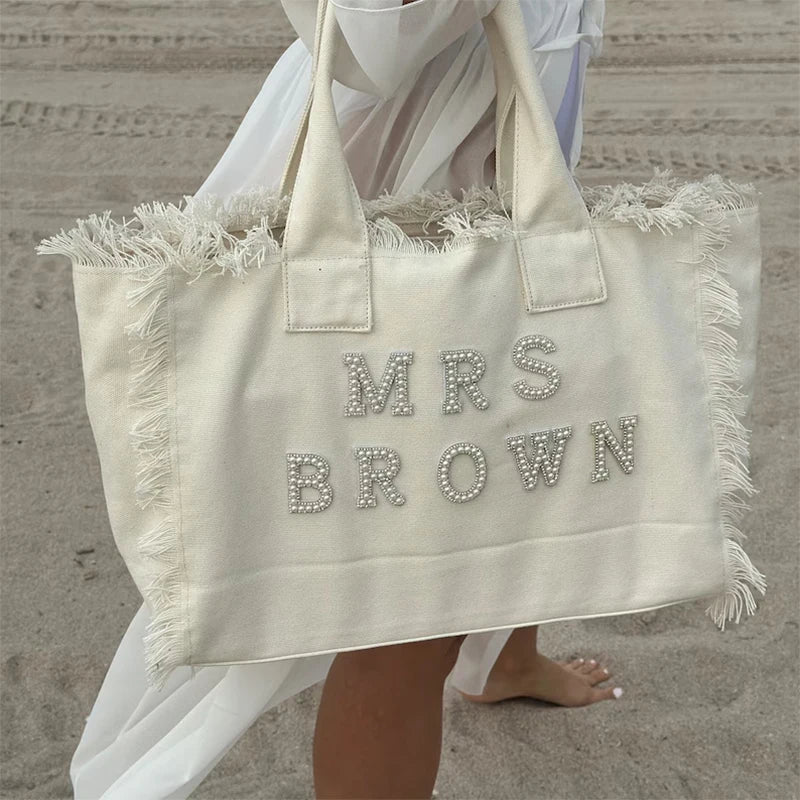 Custom Personalised Mrs tote Bag Bridal Shower destination Wedding Bachelorette hen do Party Honeymoon Travel Bride to be Gift