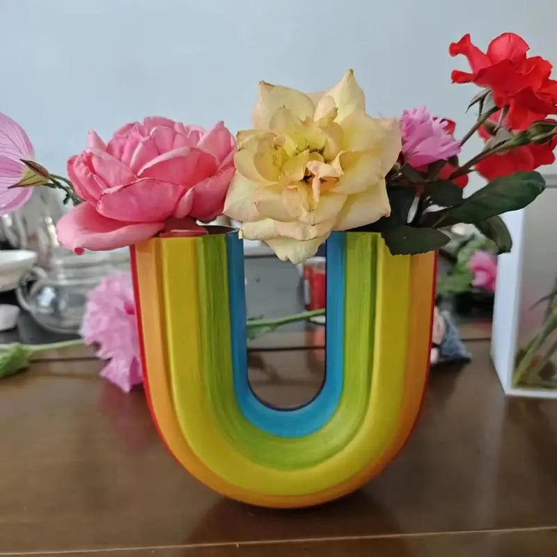 Modern Simple U Shape Vase Creative Rainbow Dried Flower Vase Modern Aesthetic Ornaments Resin Flowerpot For Office Home Decor