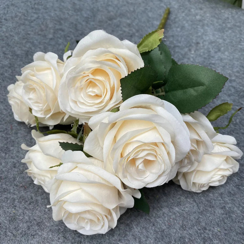 9 Heads 1 Bunch Camellia Rose Artificial Flower Holding Bouquets Party Wedding Scene Display Room Home Decor Fake Floral Gifts