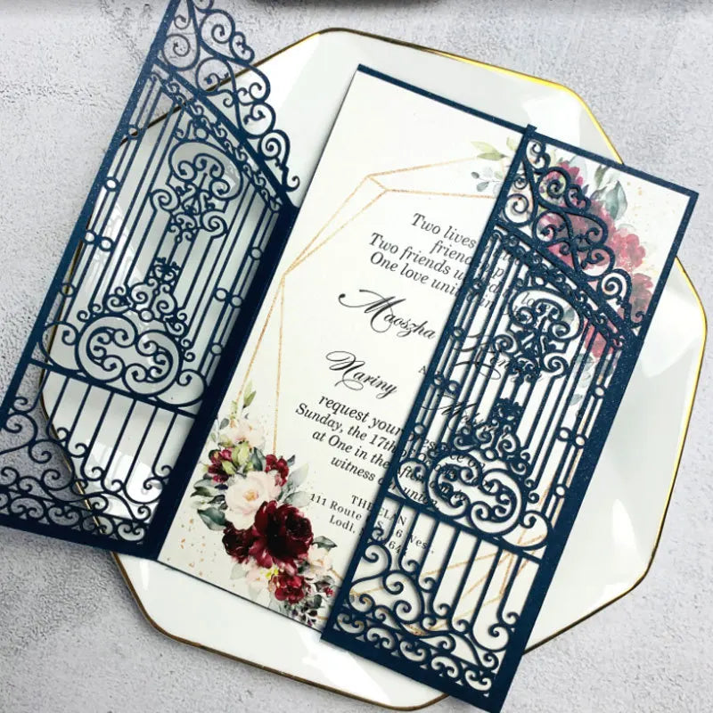 10 Pieces Laser Cut Wedding Gate Love Door Invitation Card Black Pink Gold Engagement Party Greeting Invitations IC165