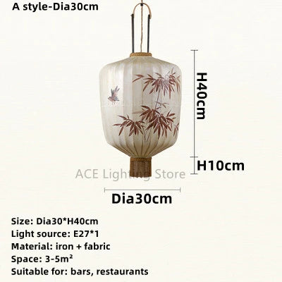 New Chinese Fabric Lantern Lamp For Restaurant Living Room Retro Hotel Homestay Balcony Hand Drawn Pattern Chandelier Free Bulb