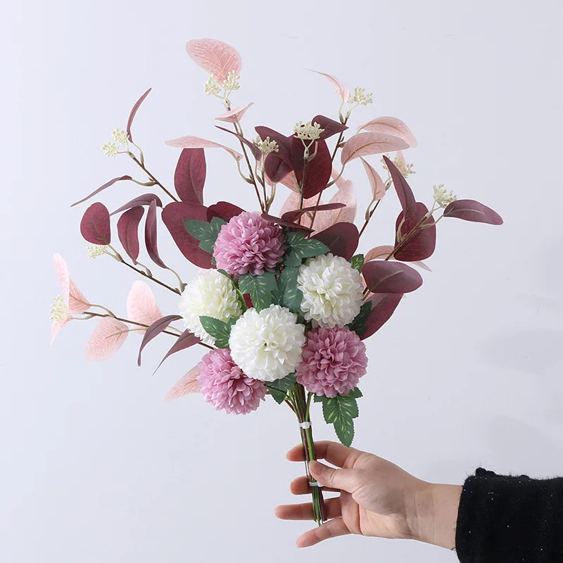 White Fake Flowers Blue Bouquet Hydrangea Artificial Flowers Chrysanthemum Silk Flowers Artificial for Decoration Flower