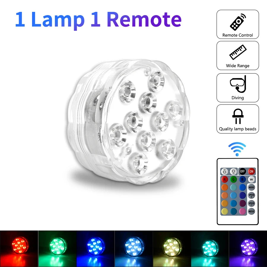 10 LEDs RGB Submersible Light Underwater Lamp Battery Operated Garden Swimming Pool Light for Wedding Party Aquarium Vase Bowl