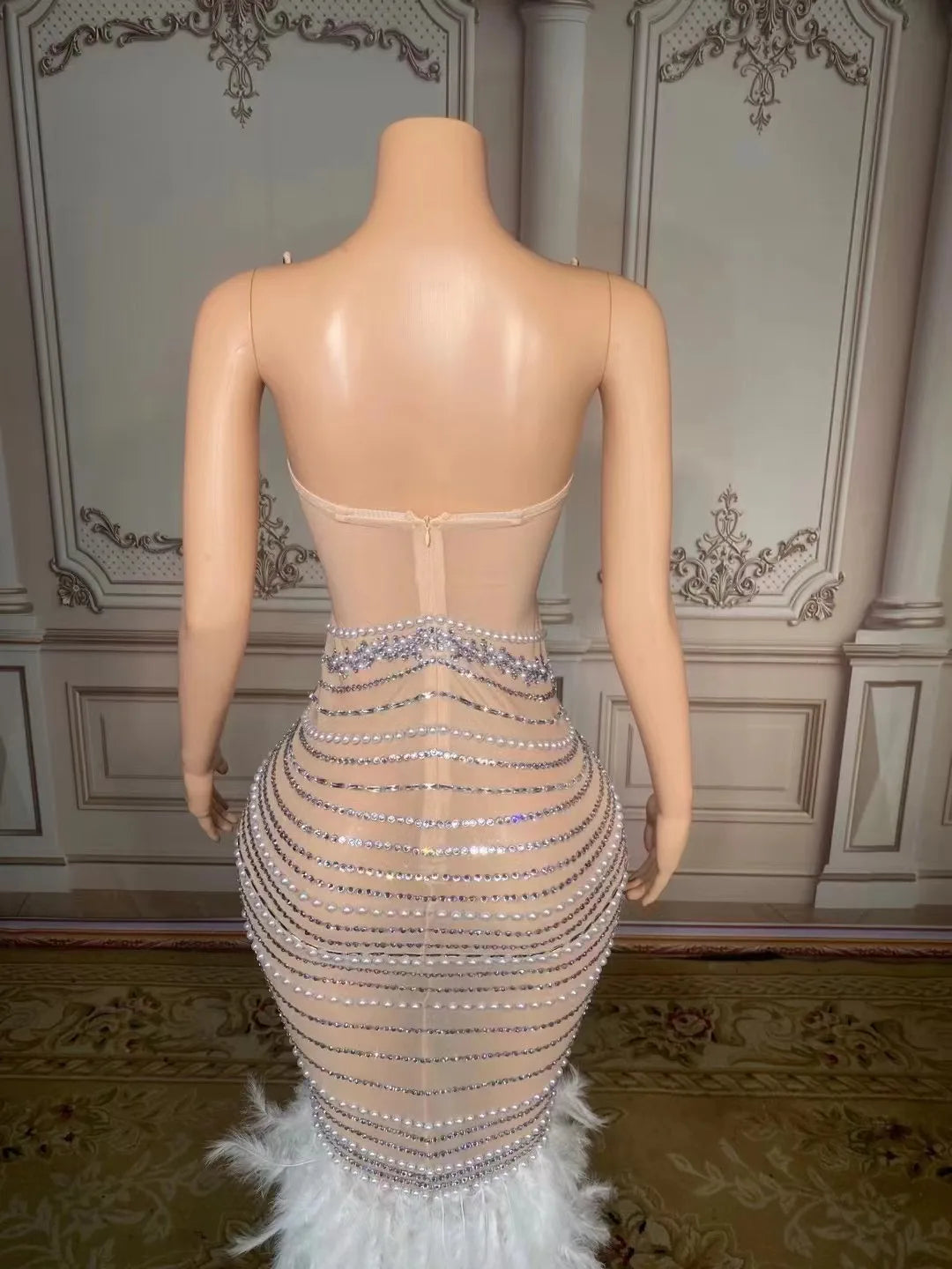 New Sparkly Rhinestones Pearls Floor-length Feathers Dress Women Birthday Celebrate Wedding Evening Prom Dress Photo Shoot Wear