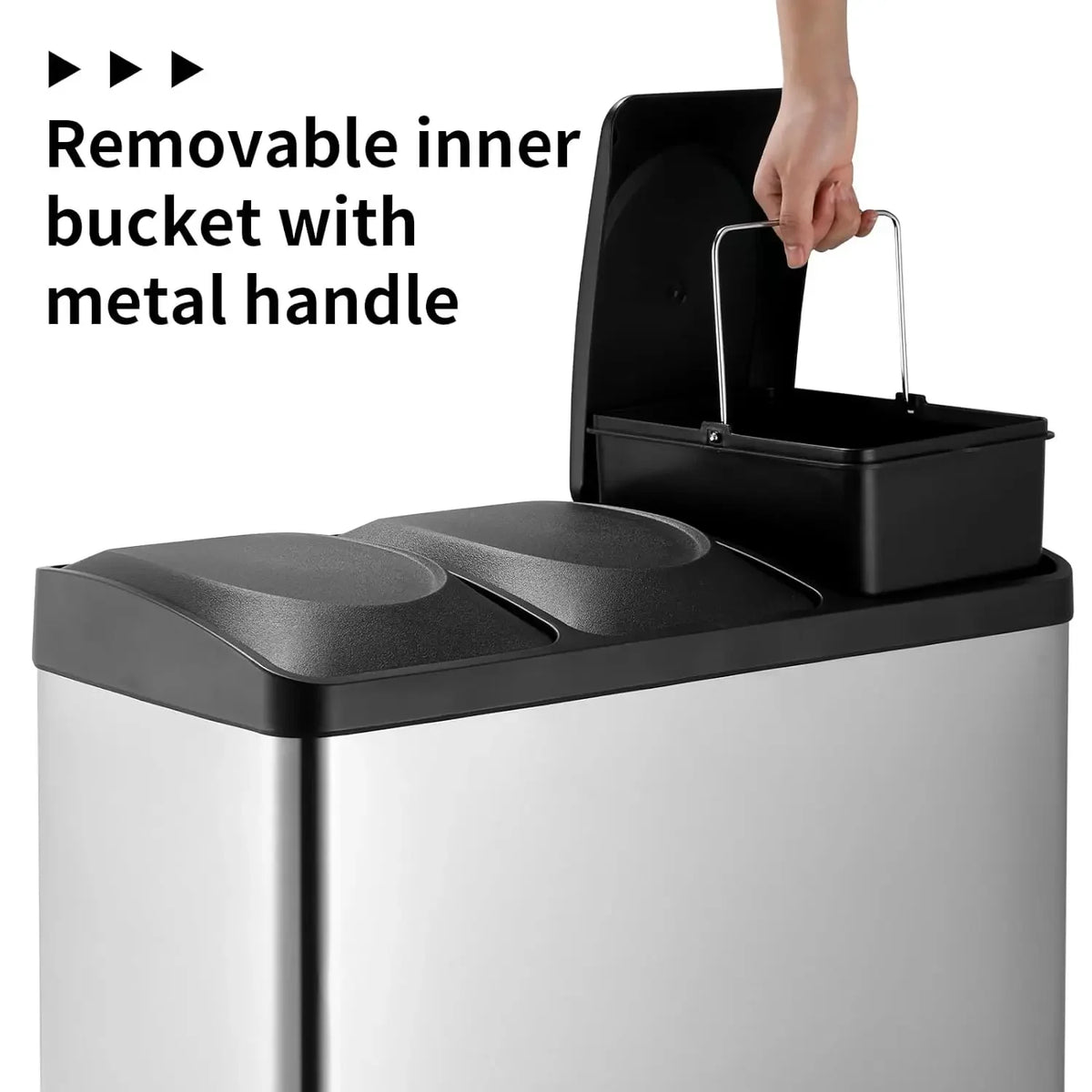 15/45L Rectangular Kitchen Pedal Bin,Stainless Steel Strong Pedal, Silent Soft Close Lid, Stay-Open Lid, Non-Skid Base In Bucket
