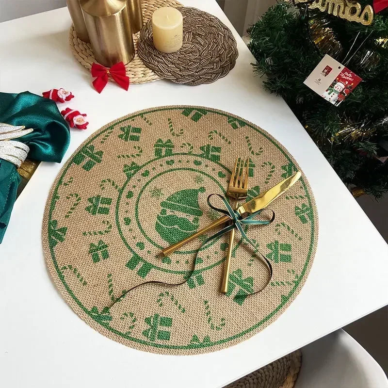 Jute Table Mats Christmas Woven Placemat Ins Printed Hairball Thermal Insulation Mat Retro Cotton and Linen Decorative Mat