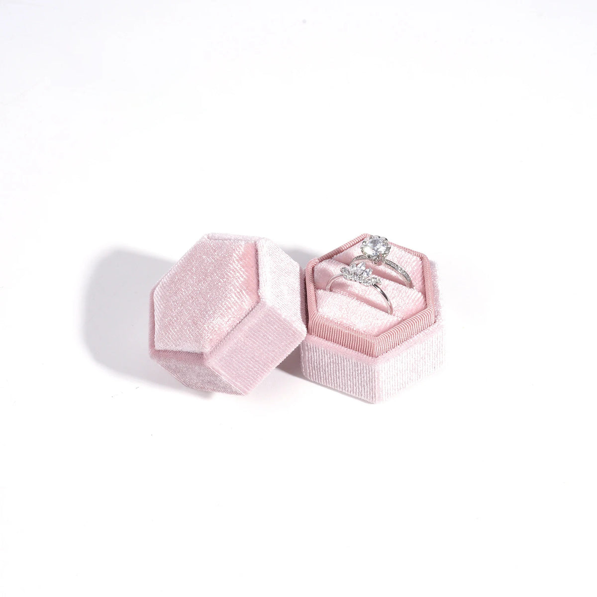 Vintage Hexagon Velvet Jewelry Double Ring Box Empty Case Holder for Engagement Wedding Ceremony Valentines Day Gift Organizer
