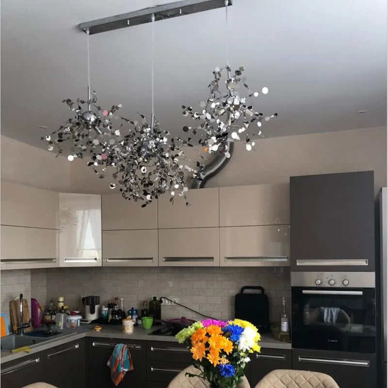 Nordic Modern Personality Stainless Steel Chrome Leaf LED Chandelier Living Room Lamp Bar Table Lamp Dining Room Chandelier