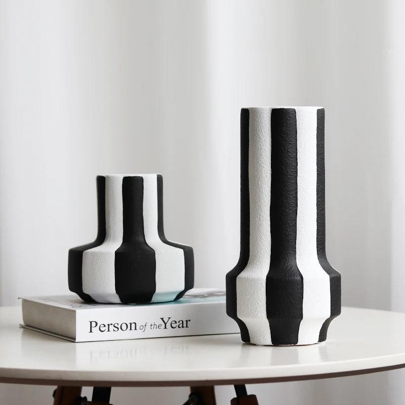 Epeiushome Black And White Striped Ceramic Vase Decorations Coffee Table Dining Table Ornaments Modern Nordic Ins Flower Insert