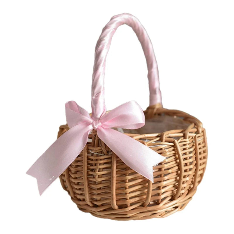 Hand-woven Wedding Flower Basket With Handle Wicker Sundries Basket Wedding Flower Girls Basket for Home Picnic Storage Basket