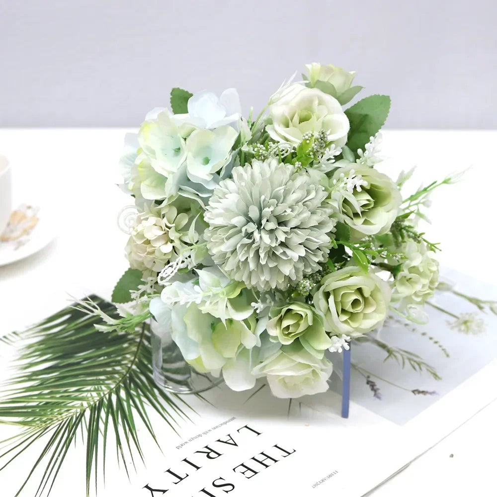 7 Heads Hydrangea Flowers Artificial Bouquet Silk Blooming Fake Peony Bridal Hand Flower Roses Wedding Centerpieces Decor
