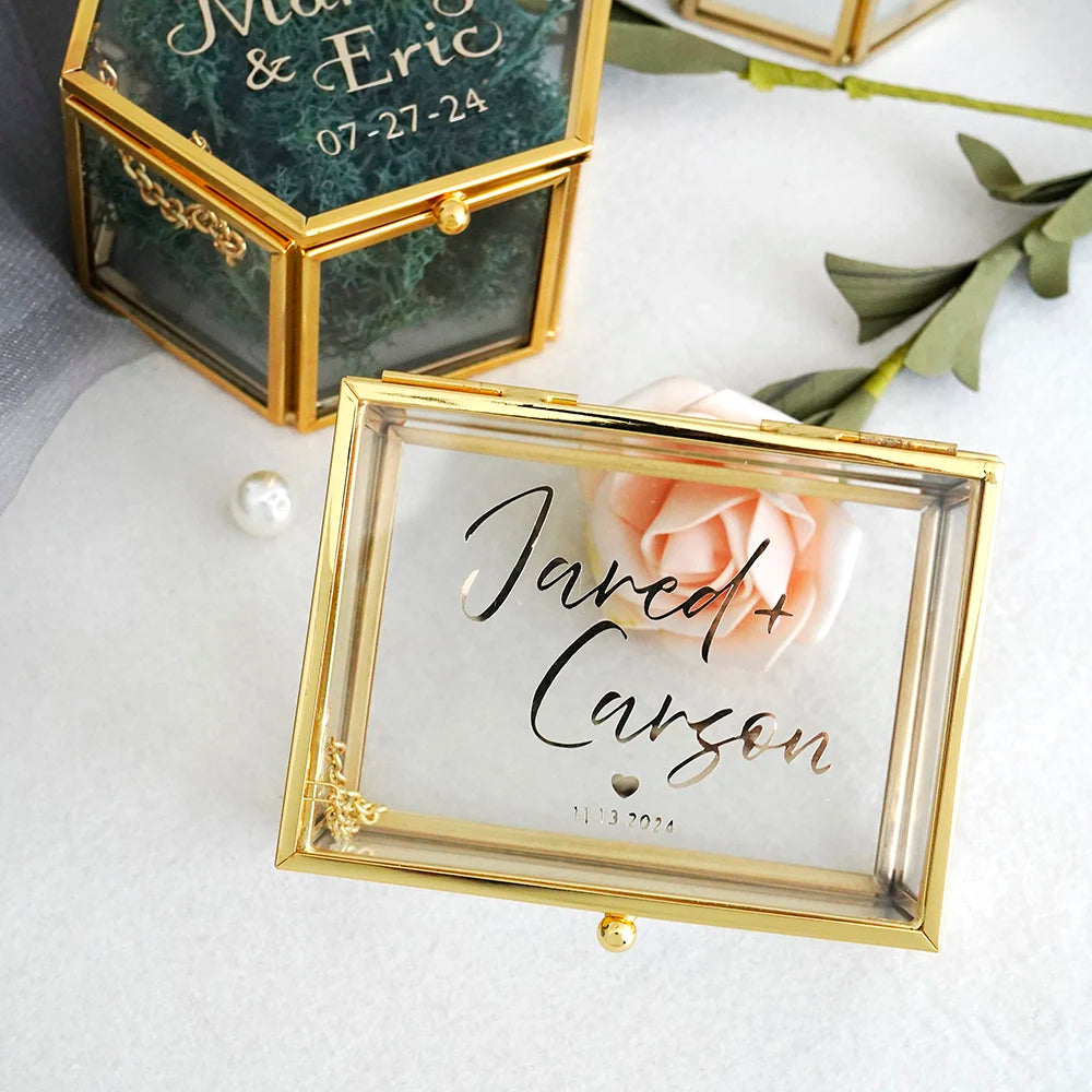Custom Glass Ring Box Wedding Engagement Decor Gold Hexagon/Rectangle Ring Box Jewelry Storage Ring Bearer Box DIY Gift
