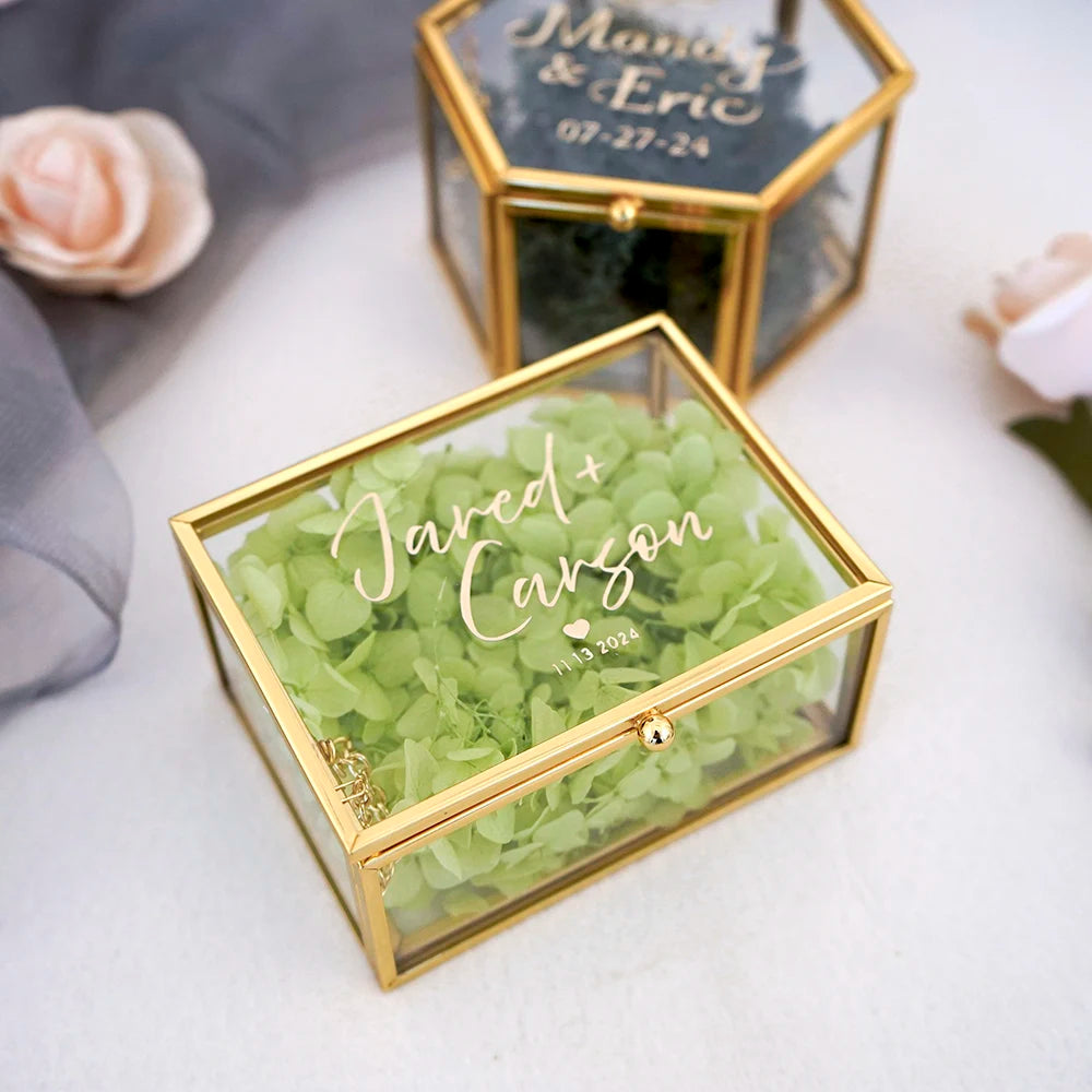 Custom Glass Ring Box Wedding Engagement Decor Gold Hexagon/Rectangle Ring Box Jewelry Storage Ring Bearer Box DIY Gift