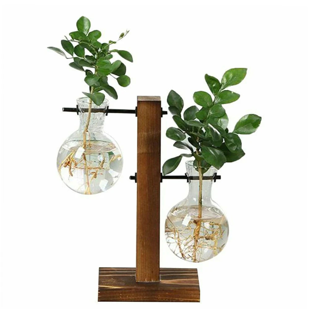 Creative Glass Desktop Planter Bulb Vase Wooden Stand Hydroponic Plant Container Decor Home Tabletop Decor Vases