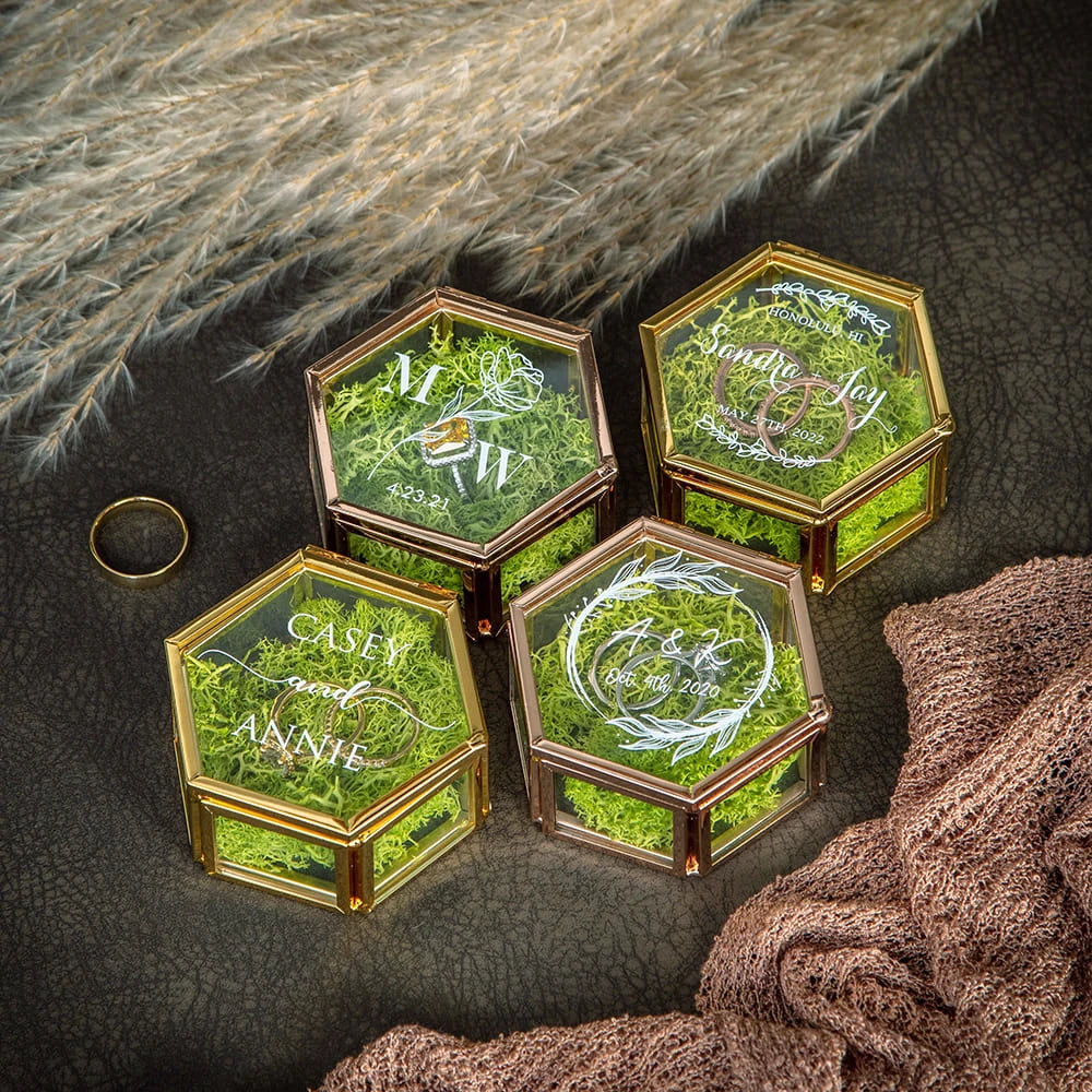Personalized Hexagon Glass Ring Box with Moss Wedding Gold Ring Bearer Box Modern Geometrical Clear Jewelry Storage Box