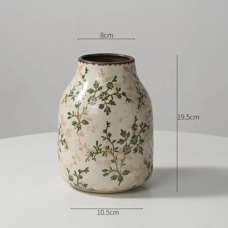New Ceramic Vase Pastoral Style Green Flowers Ice Cracked Ceramic Vase Home Decoration Living Room Porch Hydroponic Plant Vase