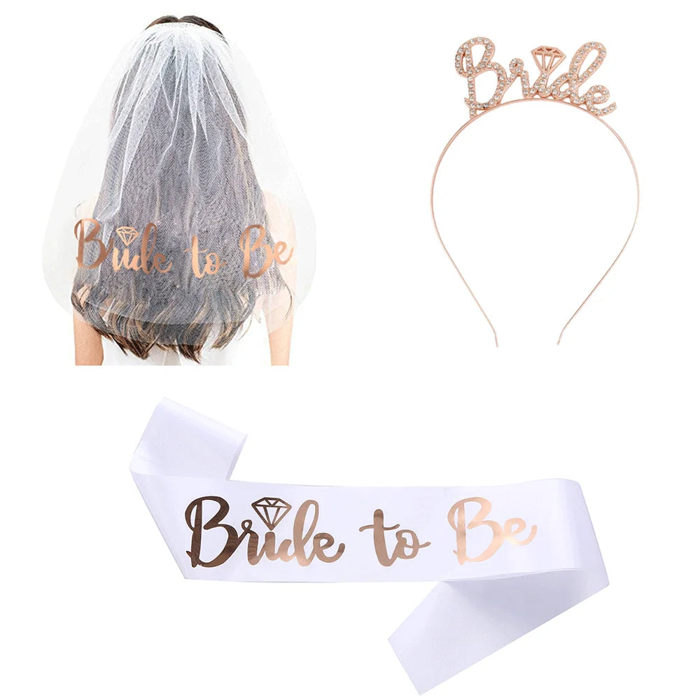 Wedding Party Set Rose Gold Bride to Be Bridal Shower Bridal Straps wedding veil headband hen night bachelorette party supplies