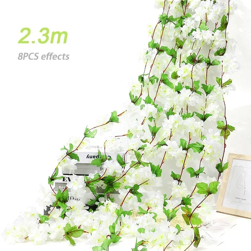 Artificial Flowers Cherry Blossoms Vines Silk Flowers Sakura Rattan Christmas Ornament Hanging Garland Wedding Home Decoration