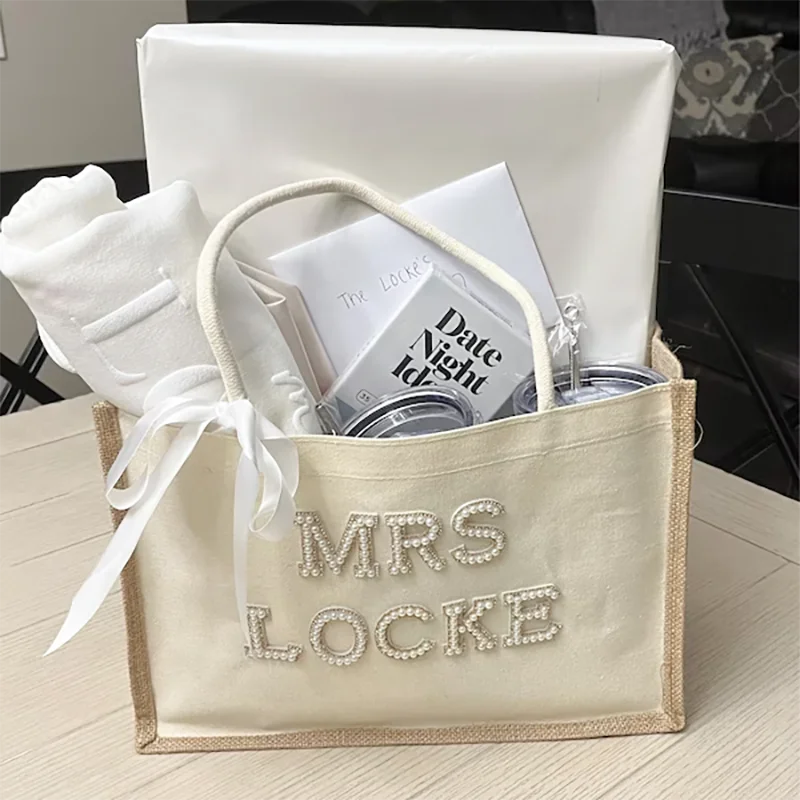 Large Custom Mrs White Pearls Tote Bag with Bow  Bridal Shower Bachelorette Honeymoon Gifts Supplies Bride To Be Accessories
